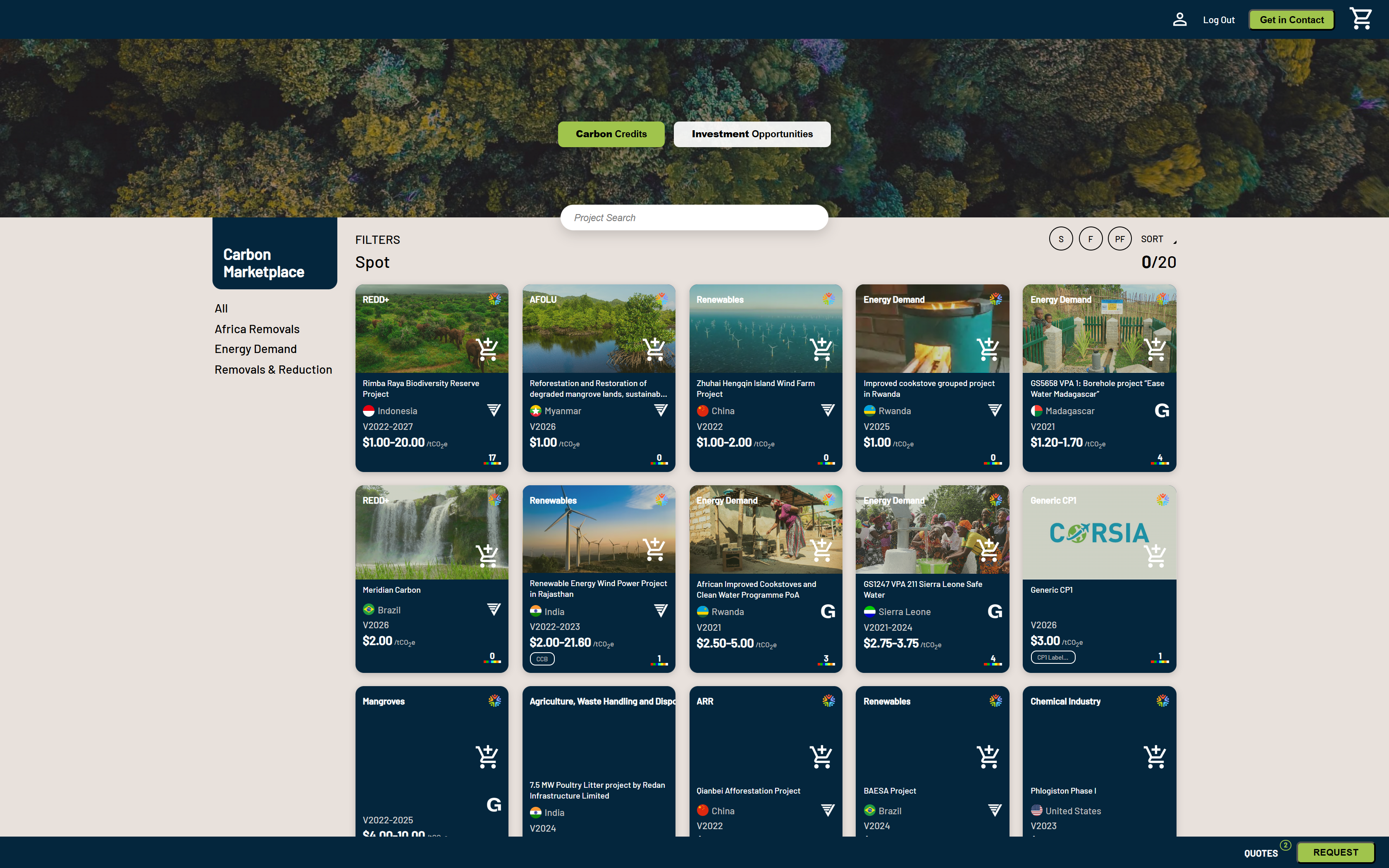 A white-label Carbon Marketplace storefront: a branded e-commerce site of carbon credits with category filters, Spot and Investment tabs, project cards and an RFQ basket.