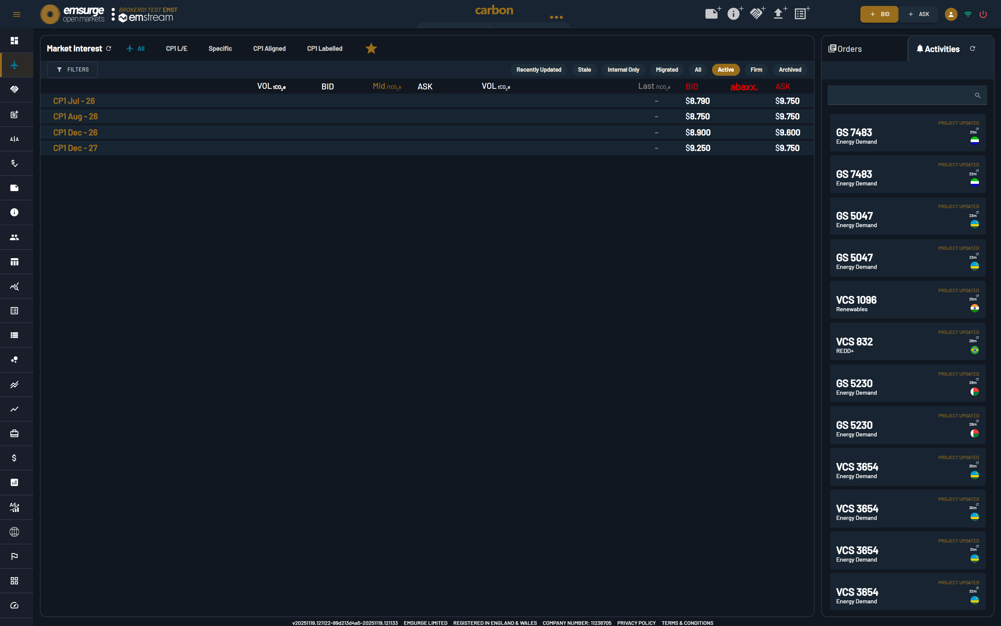 The EOM CORSIA screen: a traditional bid/ask market view for CORSIA-eligible carbon, with monthly contract rows (CPI Jul, Aug and Dec) showing bid and ask prices.