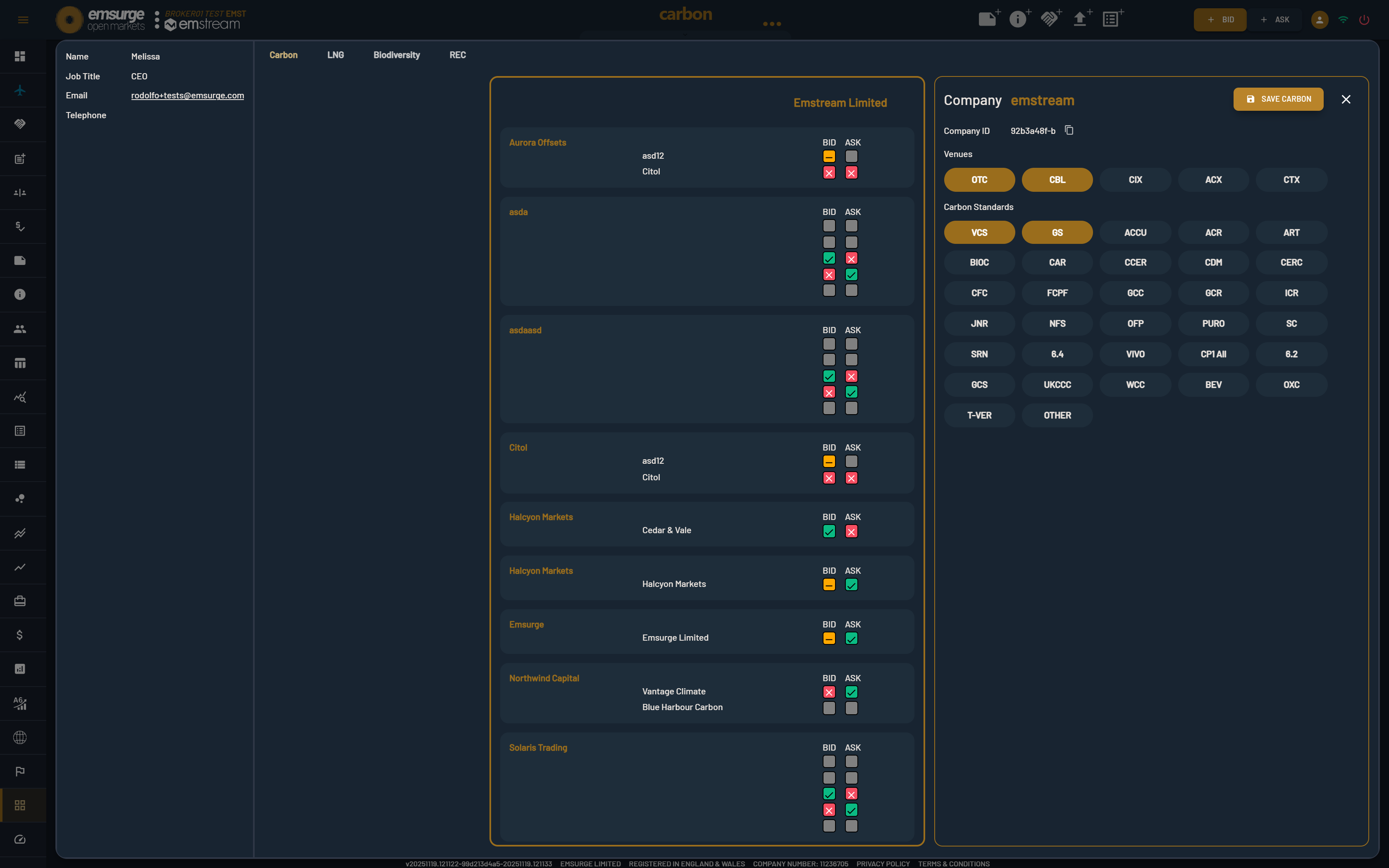 The EOM Counterparty Risk Matrix: a grid of which counterparties you will bid and ask with, per carbon standard and Venue, toggled at a glance.