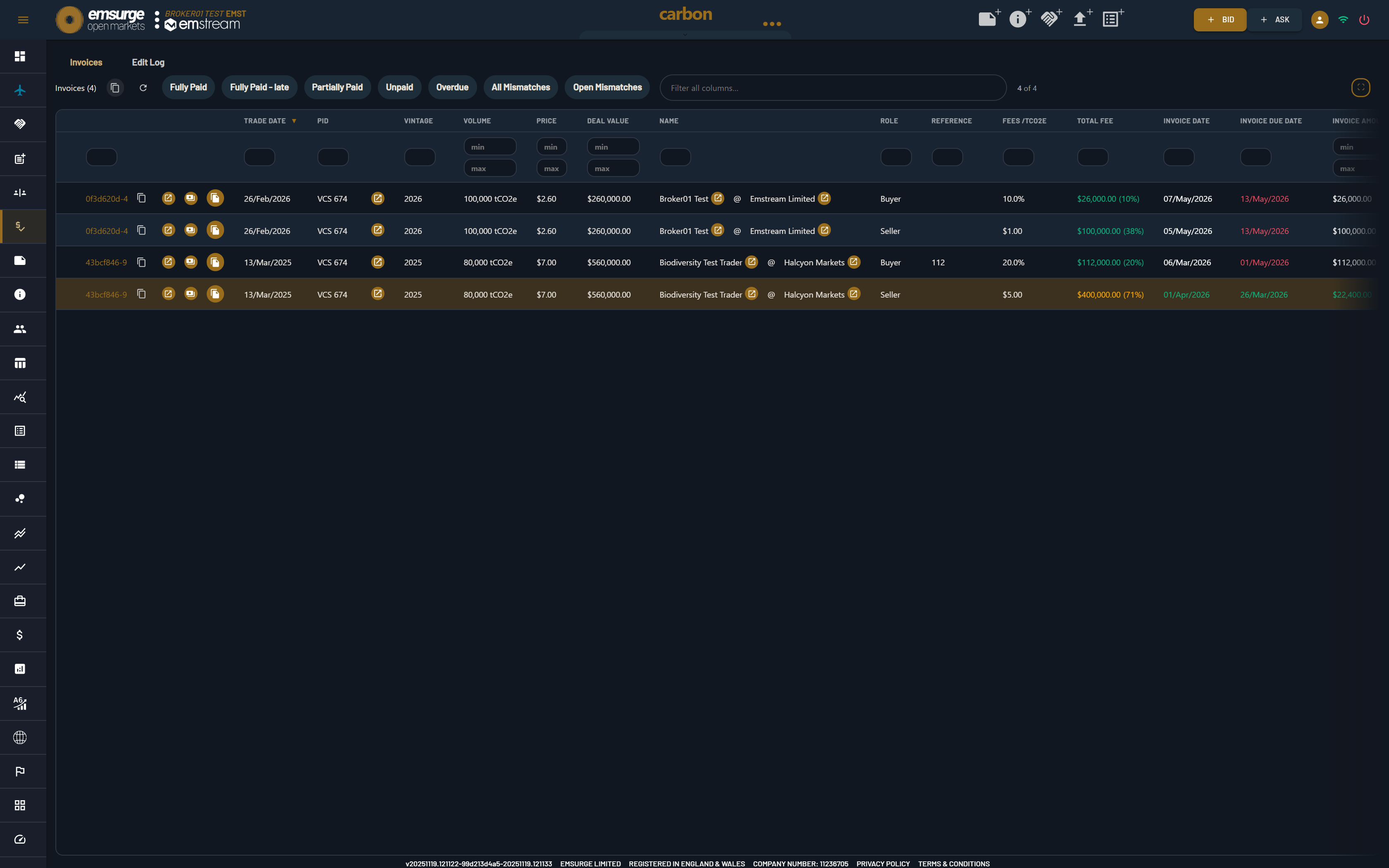 The EOM Invoices screen: fees and invoices tracked per transaction, with status (fully paid, part-paid, overdue) and total fees.
