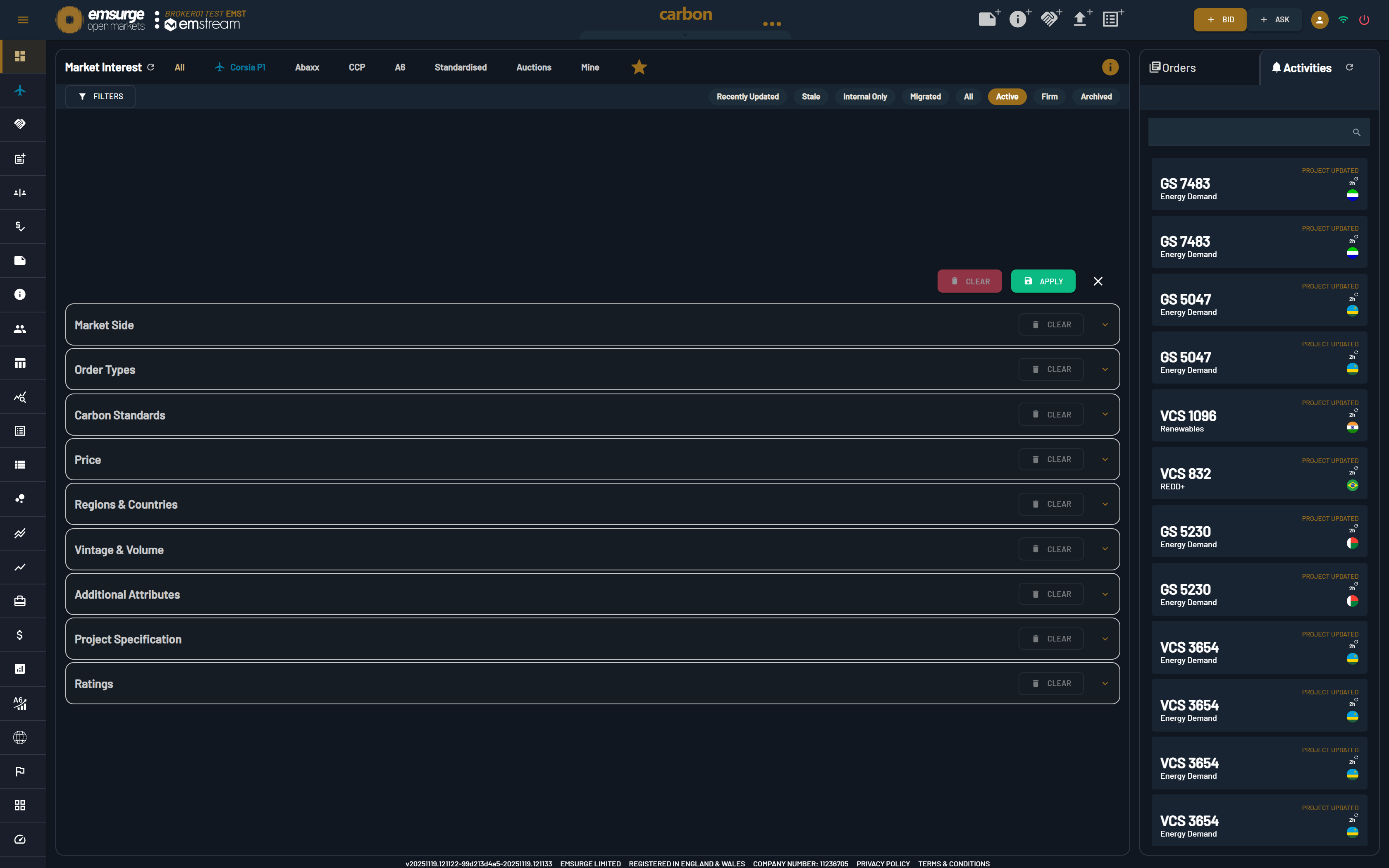 The Market Interest filter panel in EOM: slicing the live carbon book by market side, order types, standards, price, regions, vintage, attributes, project specification and ratings.