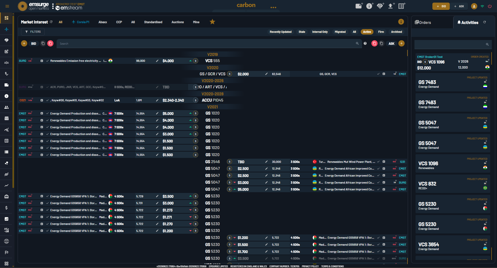 EOM's Market Interest dashboard: a live grid of carbon bids and asks grouped by standard and vintage, with a running order-activity feed — the live market an AI assistant reasons over.