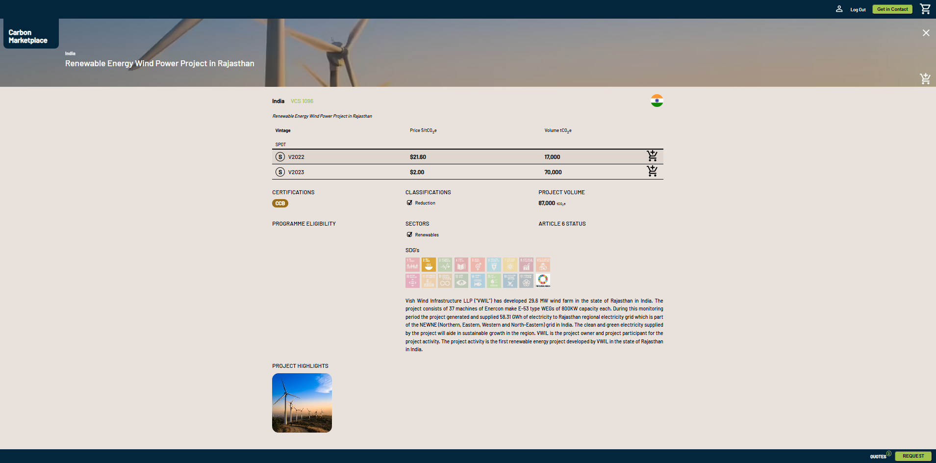 A marketplace project page, with project detail and per-vintage pricing. Click to enlarge. A marketplace project page: a Renewable Energy Wind Power Project in Rajasthan, with per-vintage price and volume, certifications, classifications, sectors, project highlights and a project image — plus add-to-basket and request-a-quote.