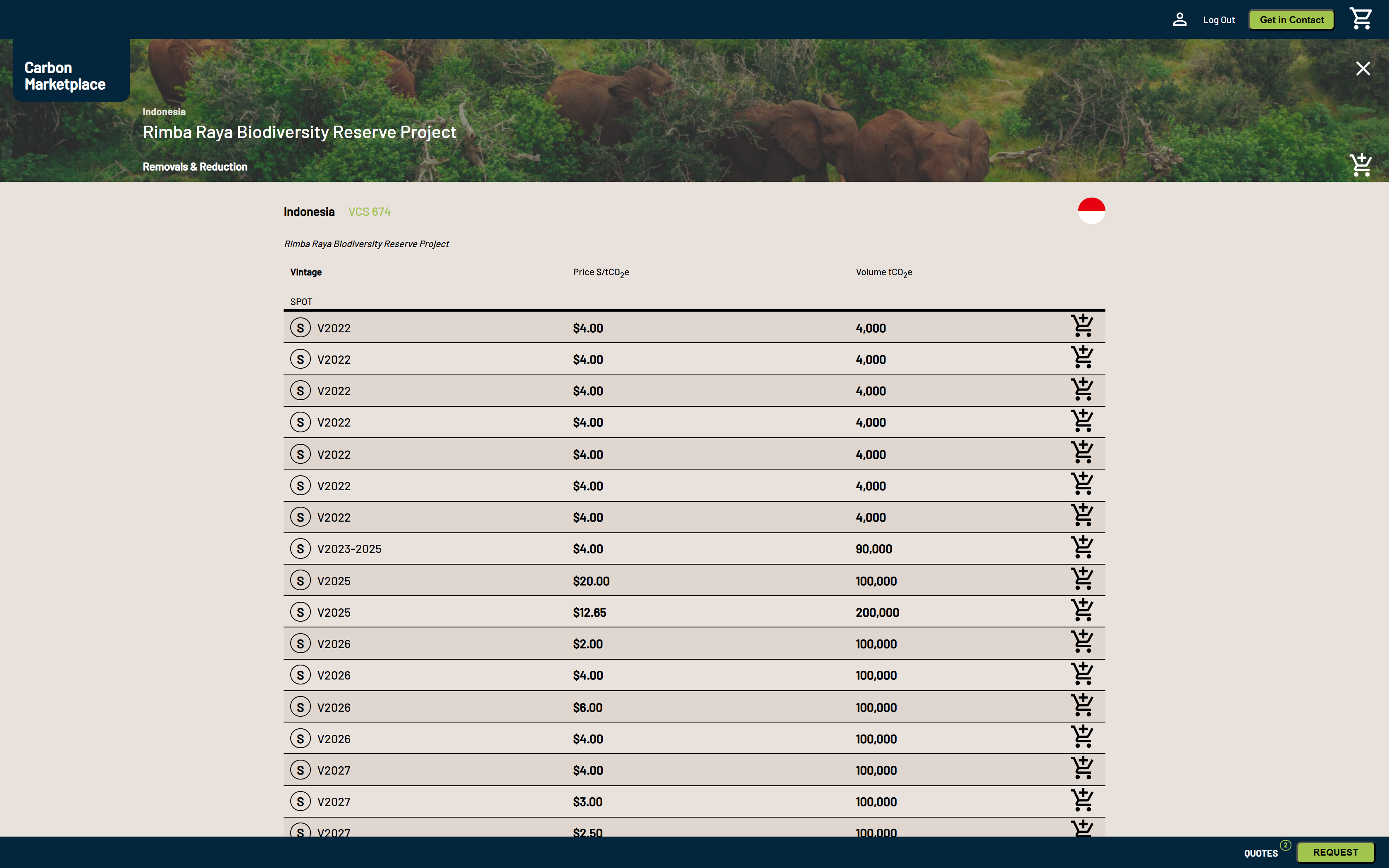 A biodiversity project on a white-label marketplace: the Rimba Raya Biodiversity Reserve Project, listing per-vintage price and volume with an add-to-basket and request-a-quote flow.